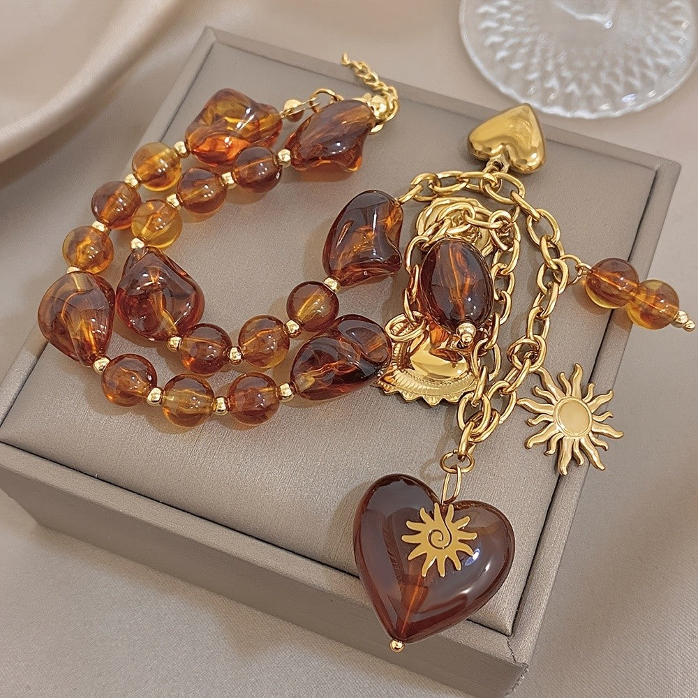 Amber Bead & Heart Charm Necklace