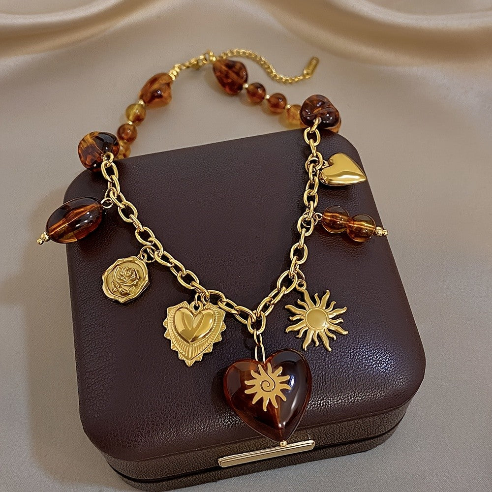 Amber Bead & Heart Charm Necklace