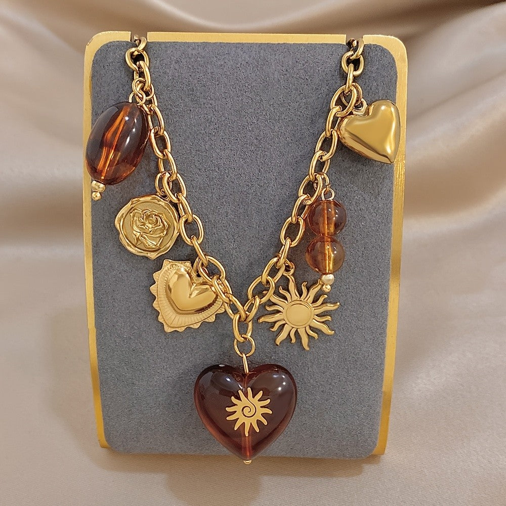 Amber Bead & Heart Charm Necklace