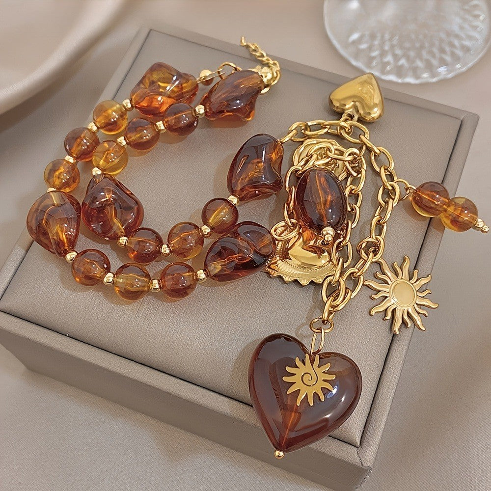 Amber Bead & Heart Charm Necklace