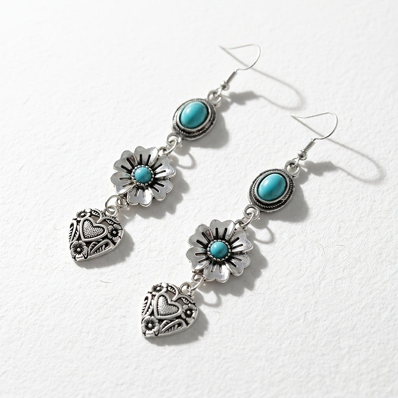 Turquoise Flower & Carved Heart Drop Earrings