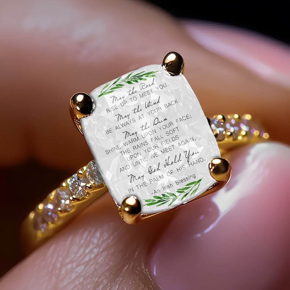 Irish Blessing Leaf Square Ring