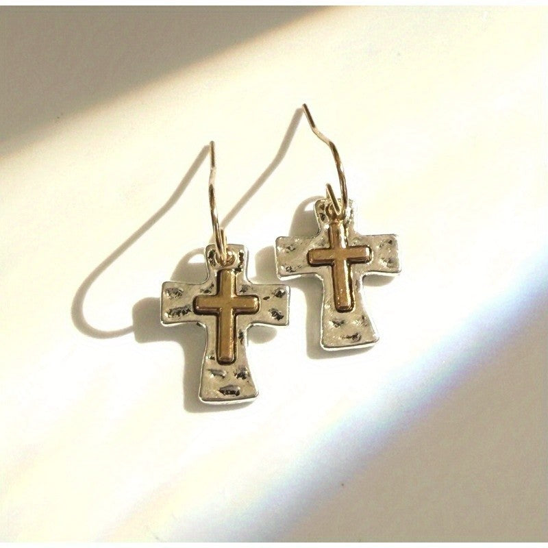 Hammered Cross Drop Earrings