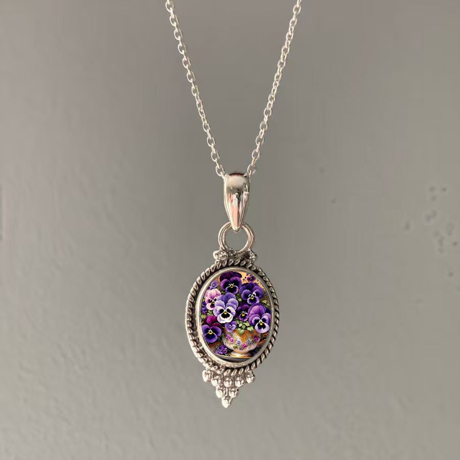 Purple Pansy Oval Pendant Necklace