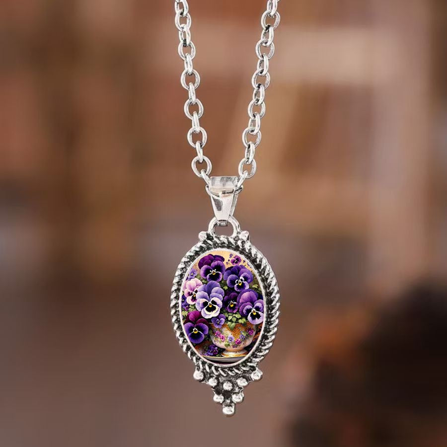 Purple Pansy Oval Pendant Necklace