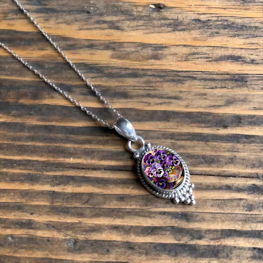 Purple Pansy Oval Pendant Necklace