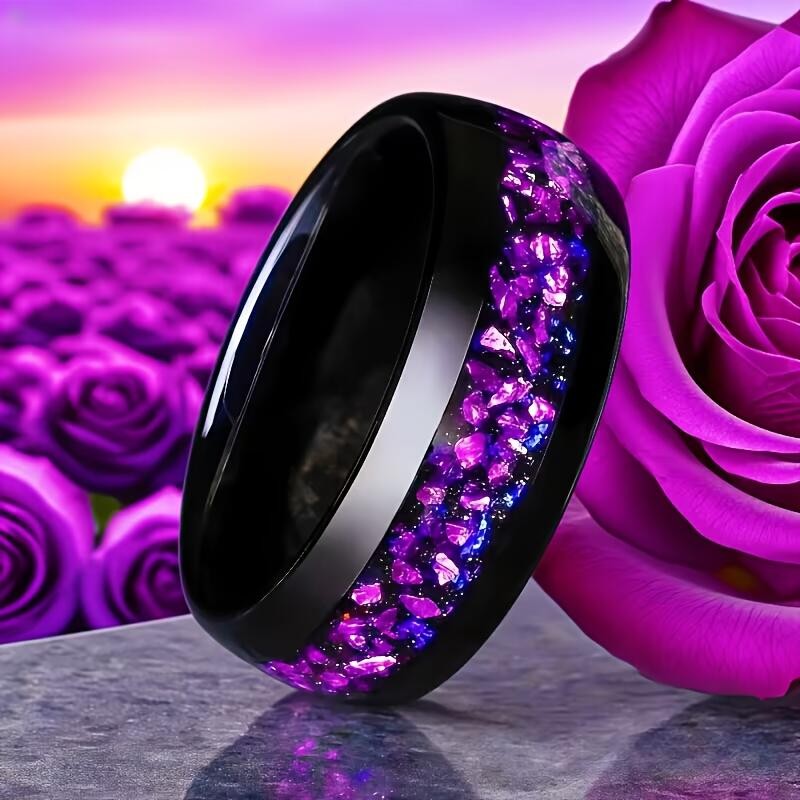 Purple Crystal Inlay Black Ring
