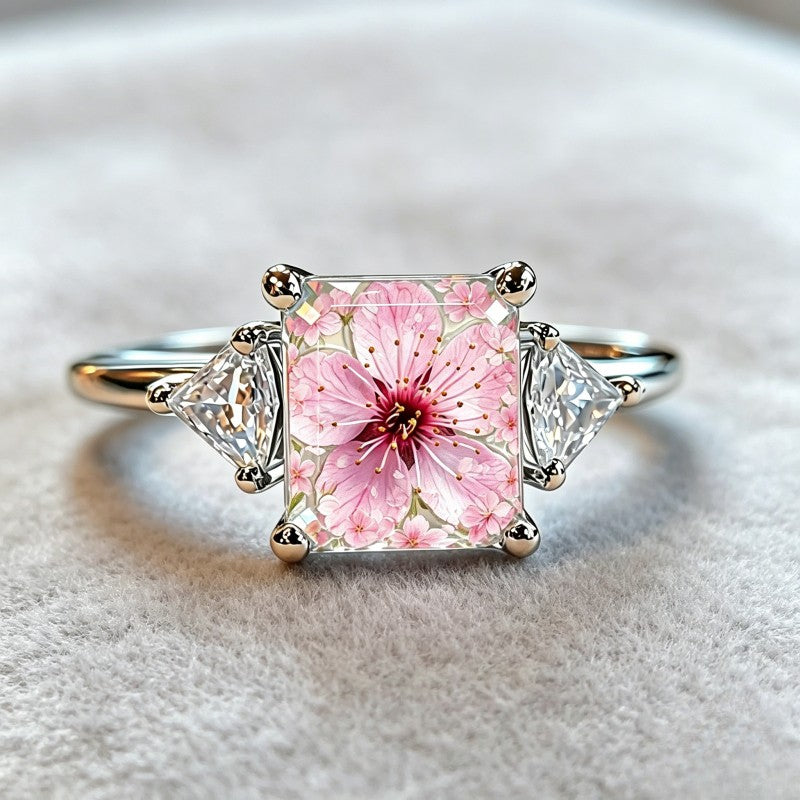 Pink Cherry Blossom Square Ring with Side Stones