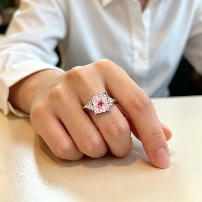 Pink Cherry Blossom Square Ring with Side Stones