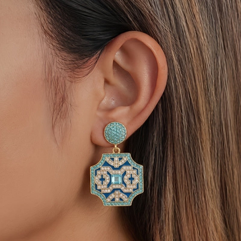Blue Geometric Crystal Drop Earrings