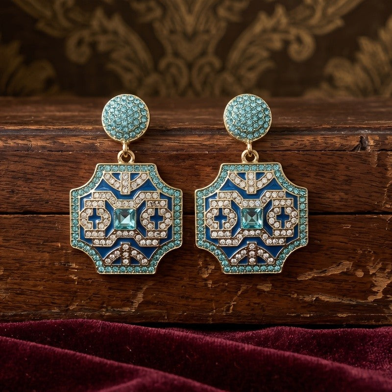 Blue Geometric Crystal Drop Earrings