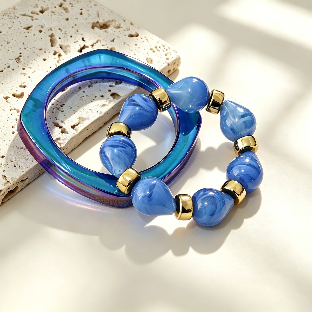 Blue Resin Square Bangle & Bead Bracelet Set