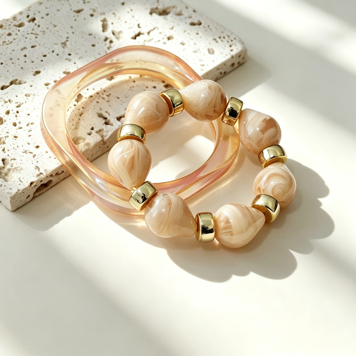 Blue Resin Square Bangle & Bead Bracelet Set