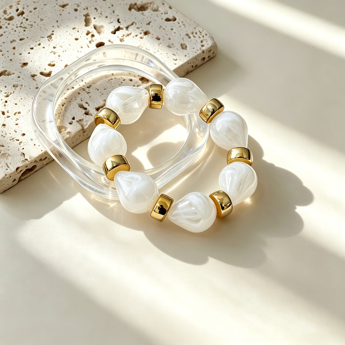 Blue Resin Square Bangle & Bead Bracelet Set