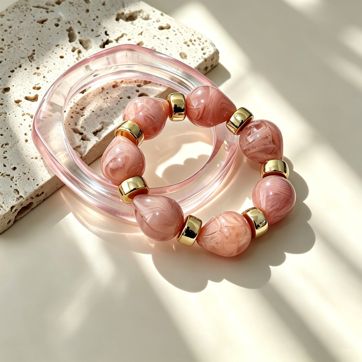 Blue Resin Square Bangle & Bead Bracelet Set
