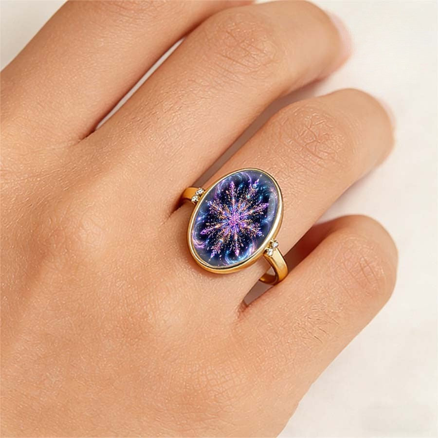 Purple Galaxy Snowflake Oval Ring