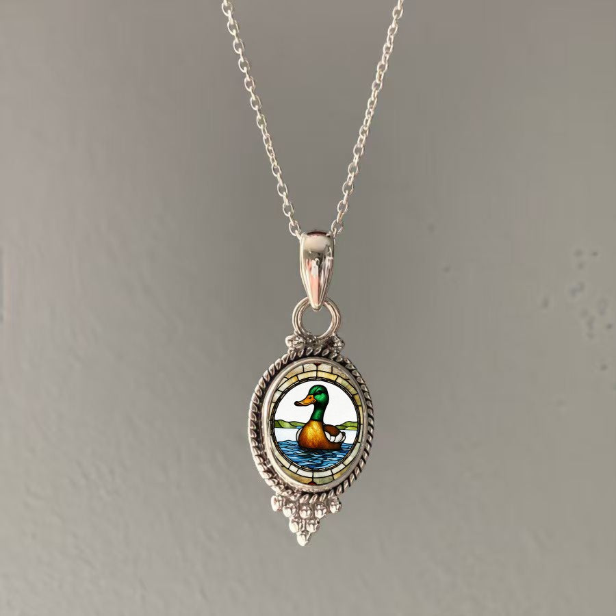 Stained Glass Mallard Oval Pendant Necklace