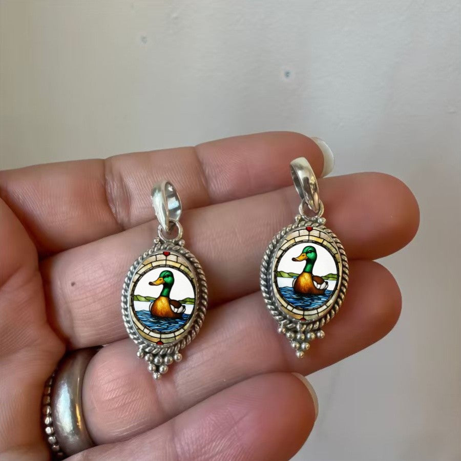 Stained Glass Mallard Oval Pendant Necklace