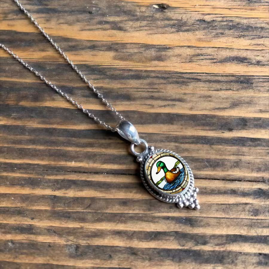 Stained Glass Mallard Oval Pendant Necklace