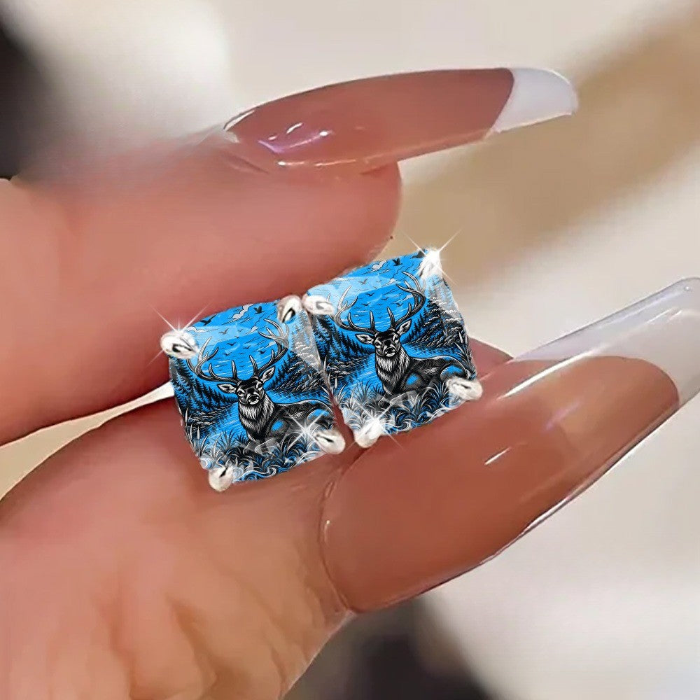 Blue Forest Deer Square Stud Earrings