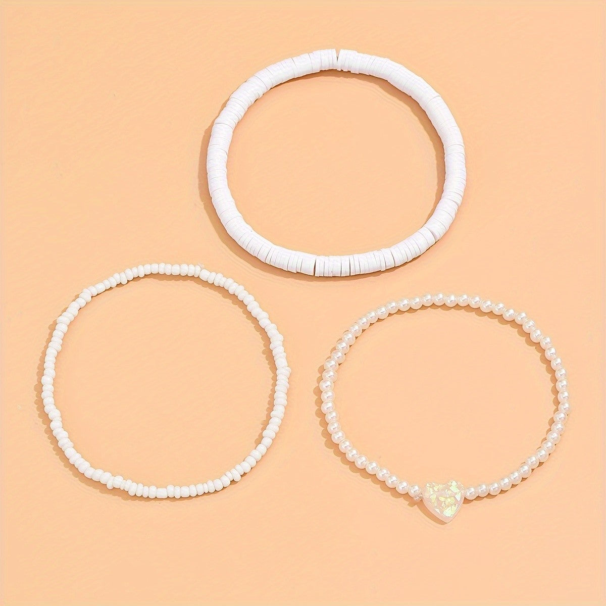 White Bead Heart Anklet Set