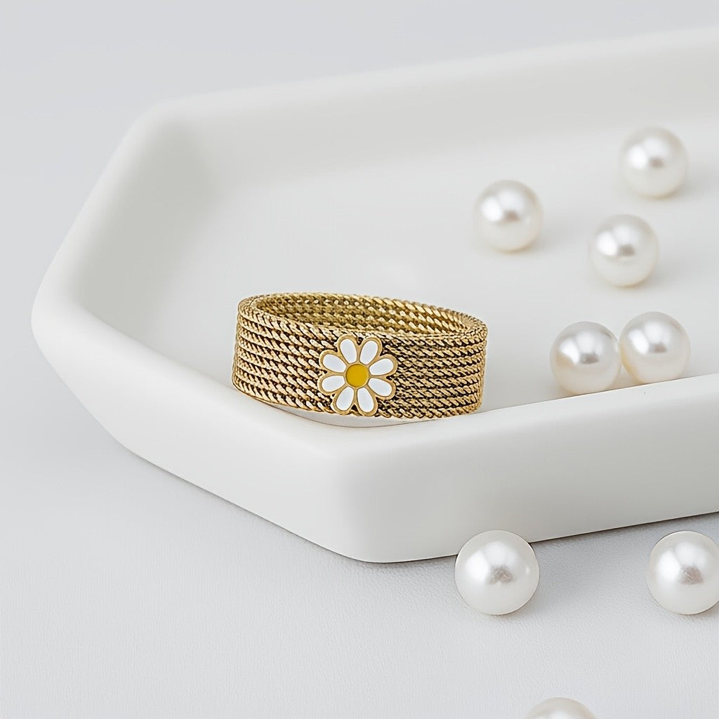 Enamel Flower Mesh Ring