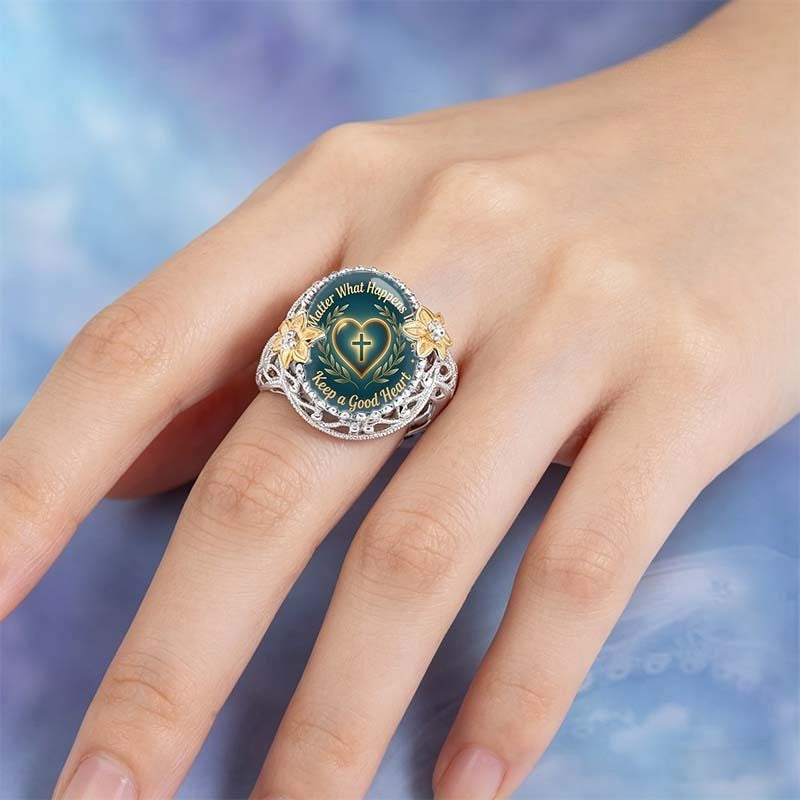Teal Heart & Cross Message Ring