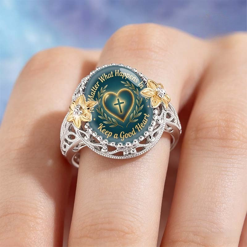 Teal Heart & Cross Message Ring