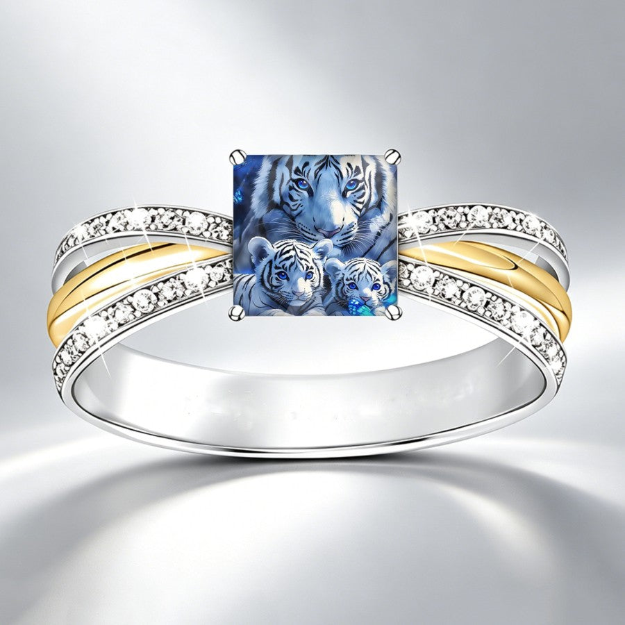 White Tiger Mother & Cubs Square Ring