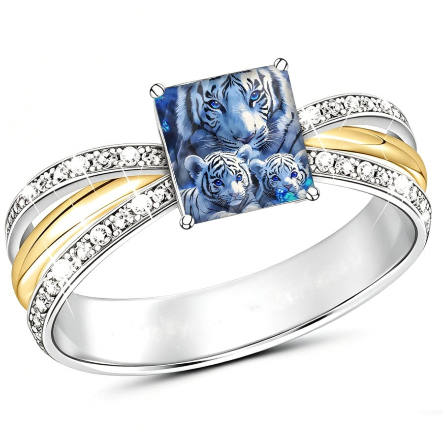 White Tiger Mother & Cubs Square Ring