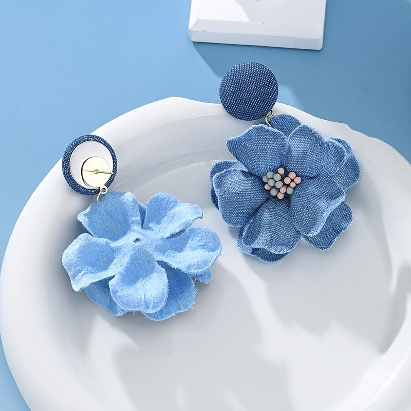 Denim Flower Drop Earrings