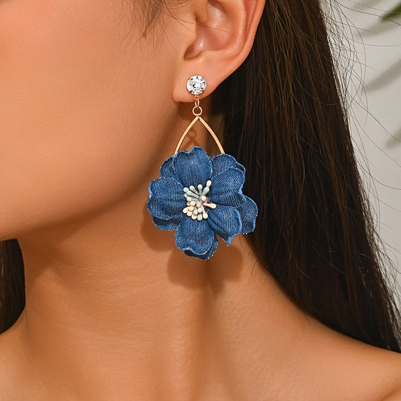 Denim Flower Drop Earrings