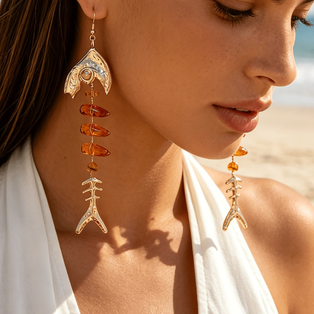 Fishbone & Amber Drop Earrings