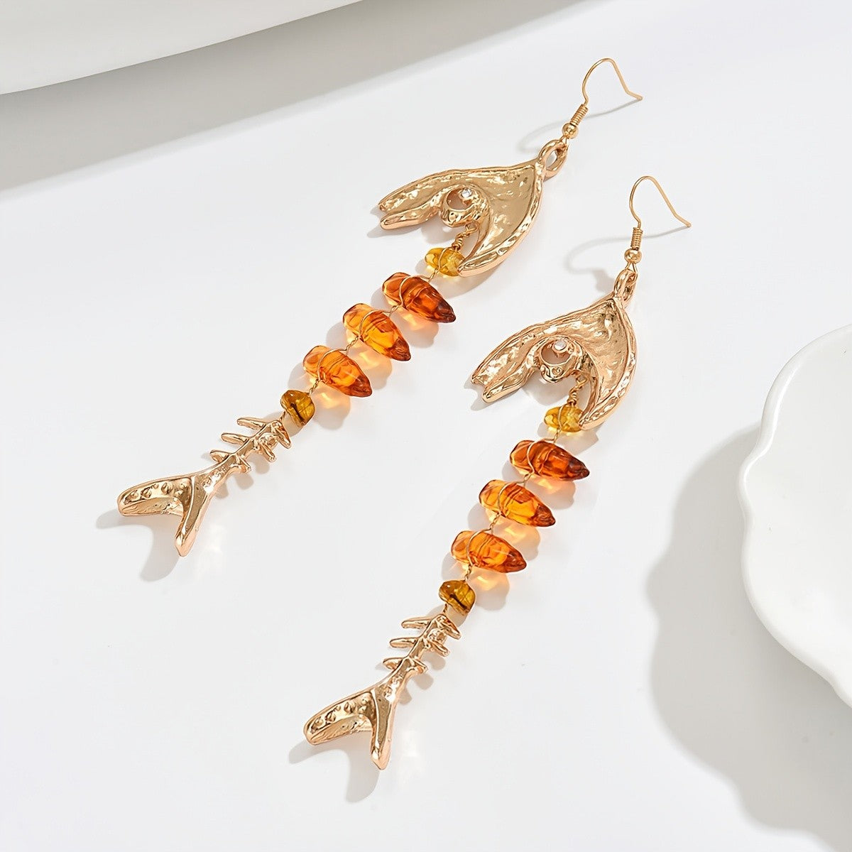 Fishbone & Amber Drop Earrings