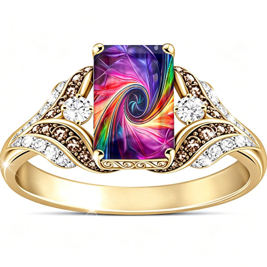 Rainbow Abstract Swirl Square Ring