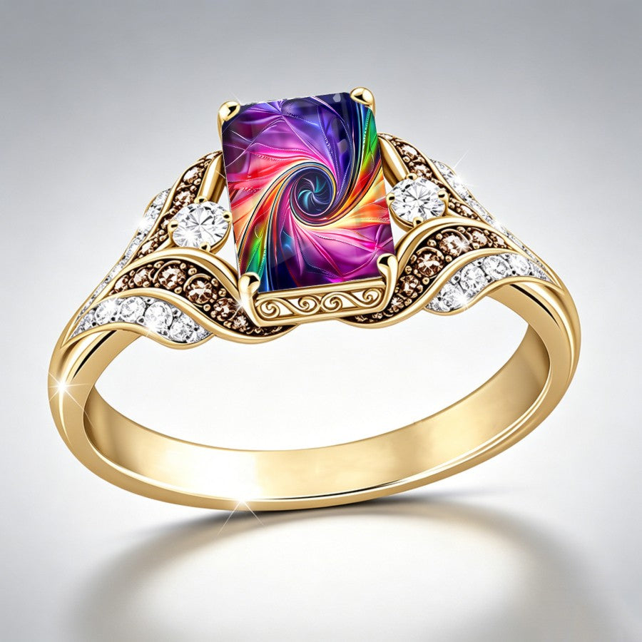 Rainbow Abstract Swirl Square Ring