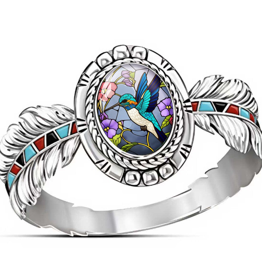 Hummingbird & Feather Oval Ring