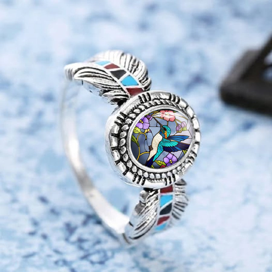 Hummingbird & Feather Oval Ring