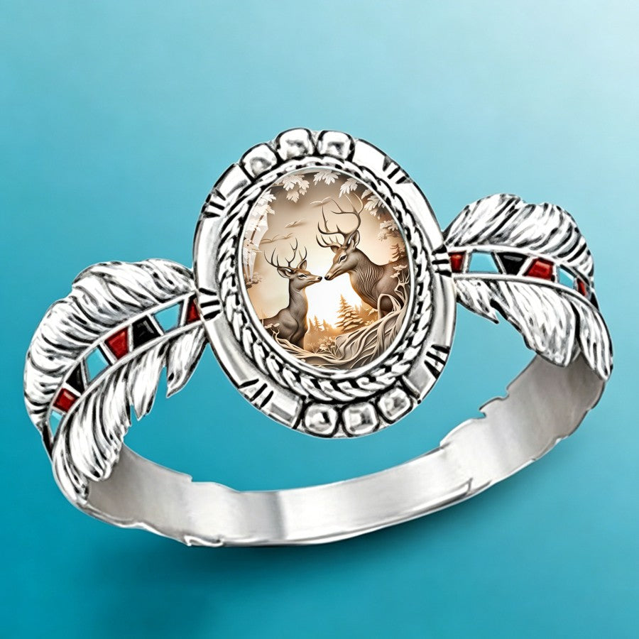 Deer Scene & Feather Ring