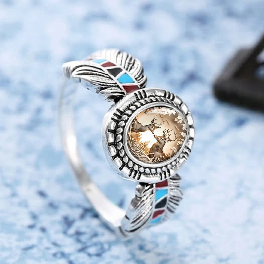 Deer Scene & Feather Ring