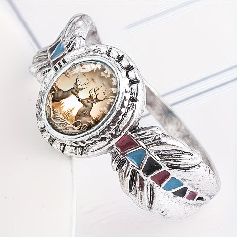 Deer Scene & Feather Ring