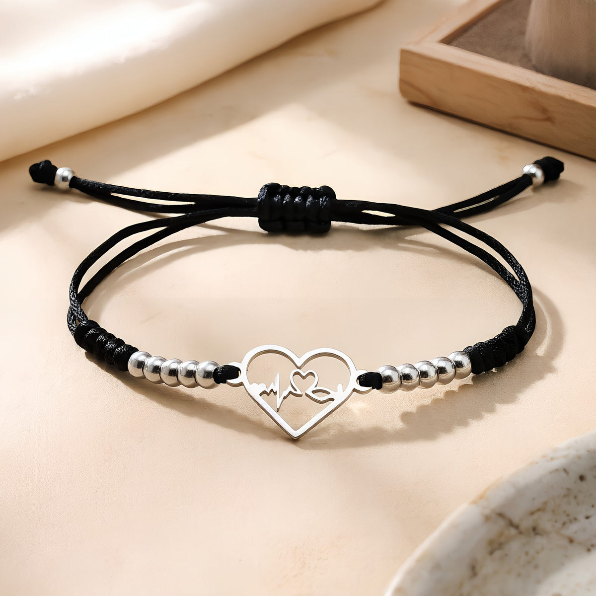 Heartbeat Heart Charm Cord Bracelet