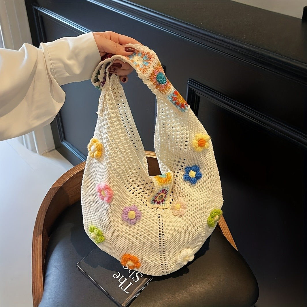Crochet Flower Applique Shoulder Bag