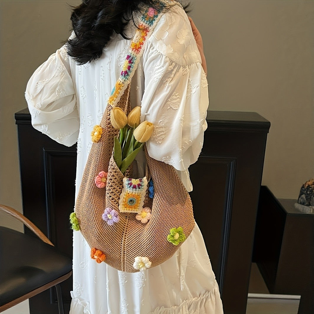 Crochet Flower Applique Shoulder Bag