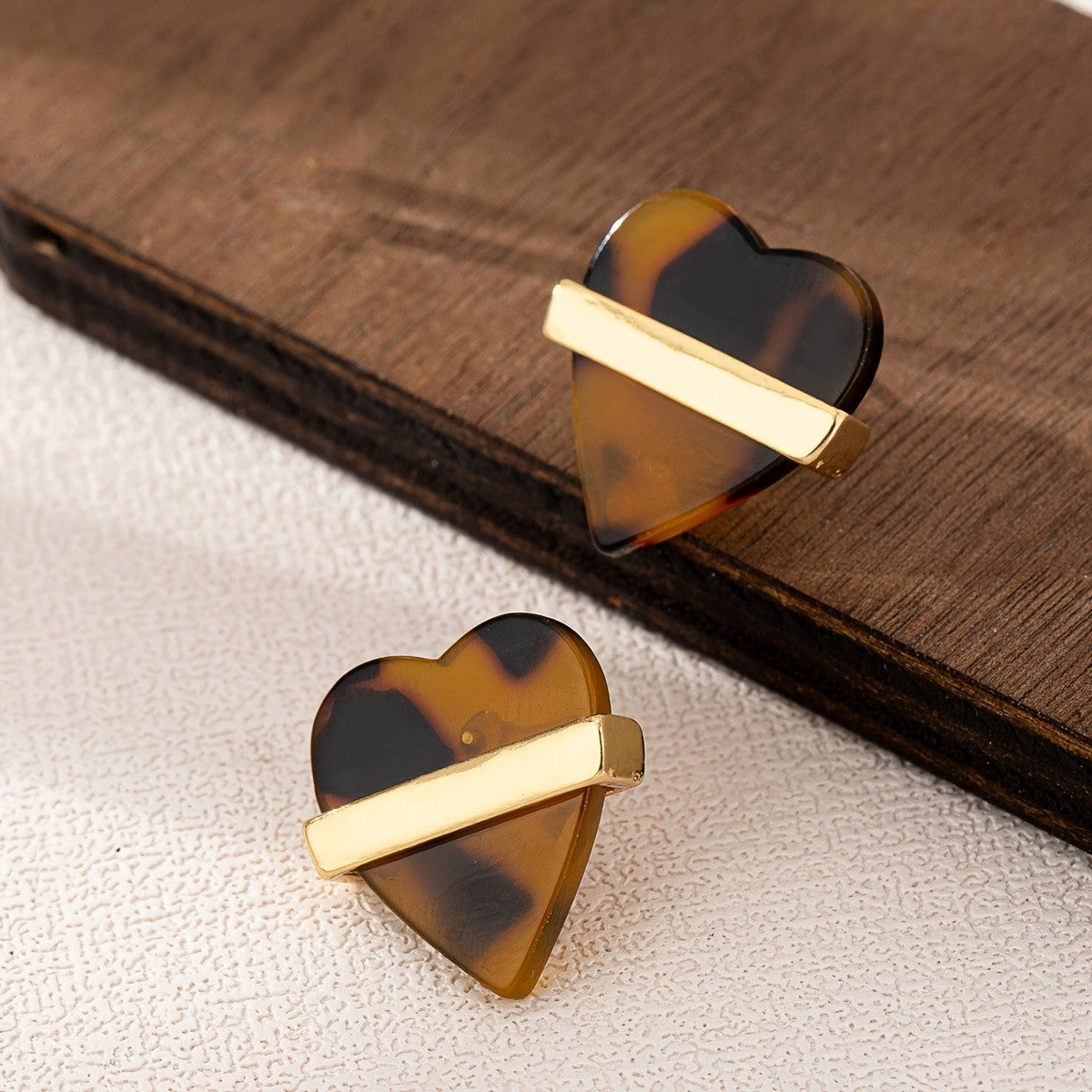 Tortoise Shell Bar Heart Stud Earrings