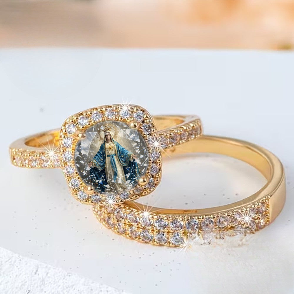 Square Madonna & Crystal Ring Set