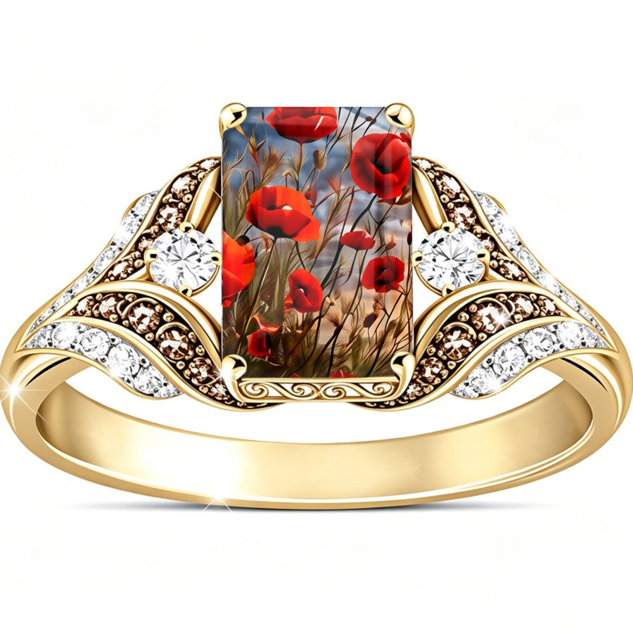 Red Poppy Meadow Square Ring