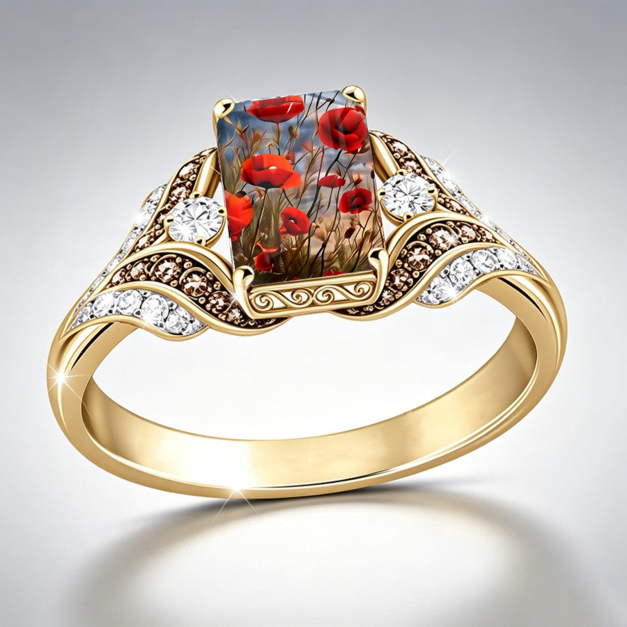 Red Poppy Meadow Square Ring