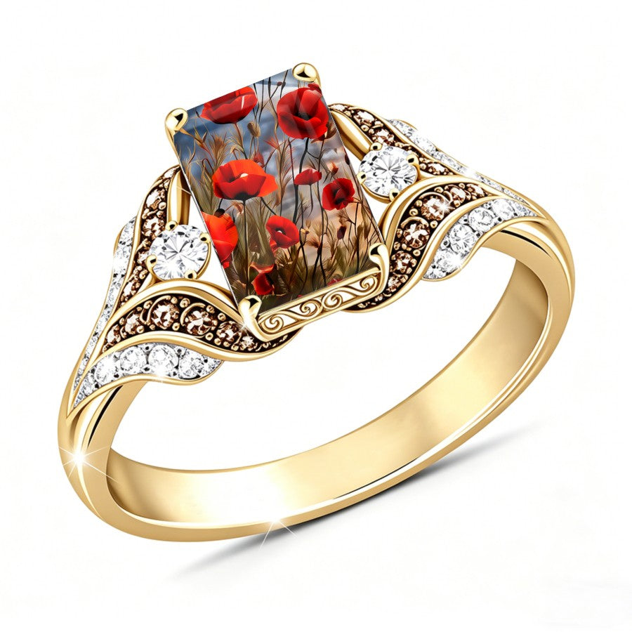 Red Poppy Meadow Square Ring