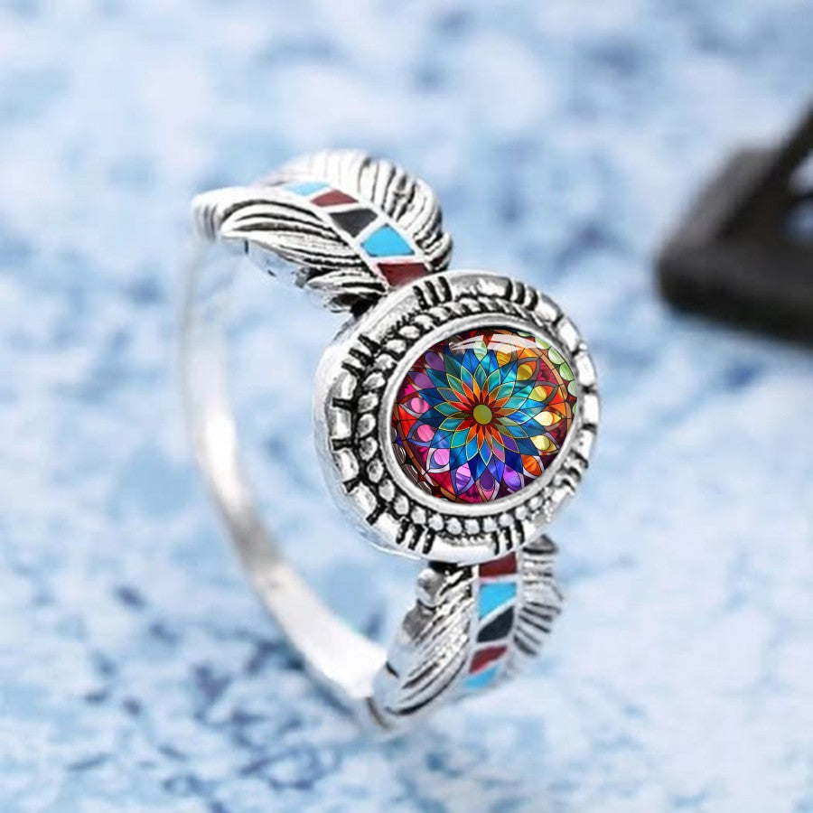 Stained Glass Mandala Feather Ring